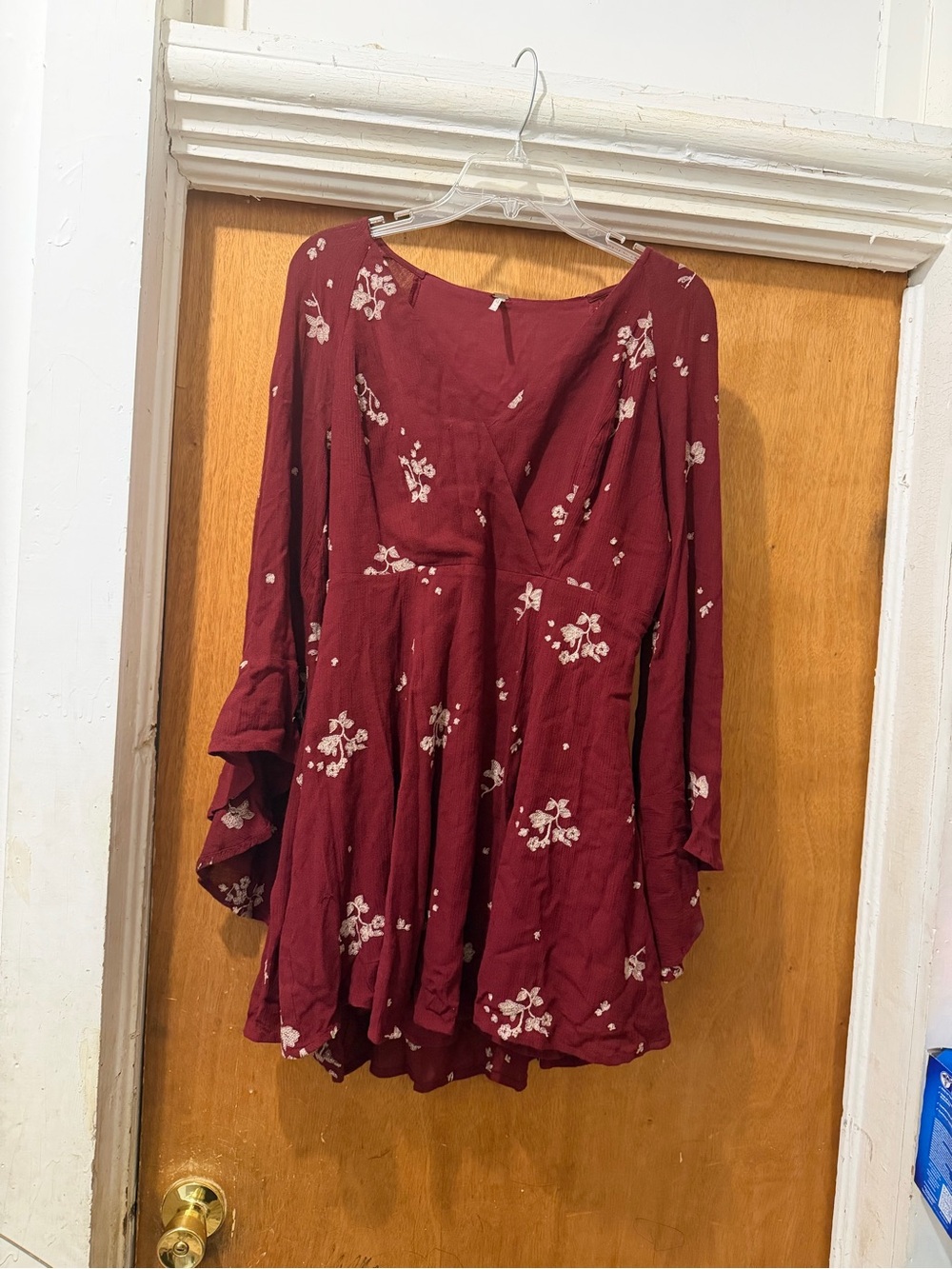 Free People Maroon Floral V-Neck Long-Sleeve Tunic